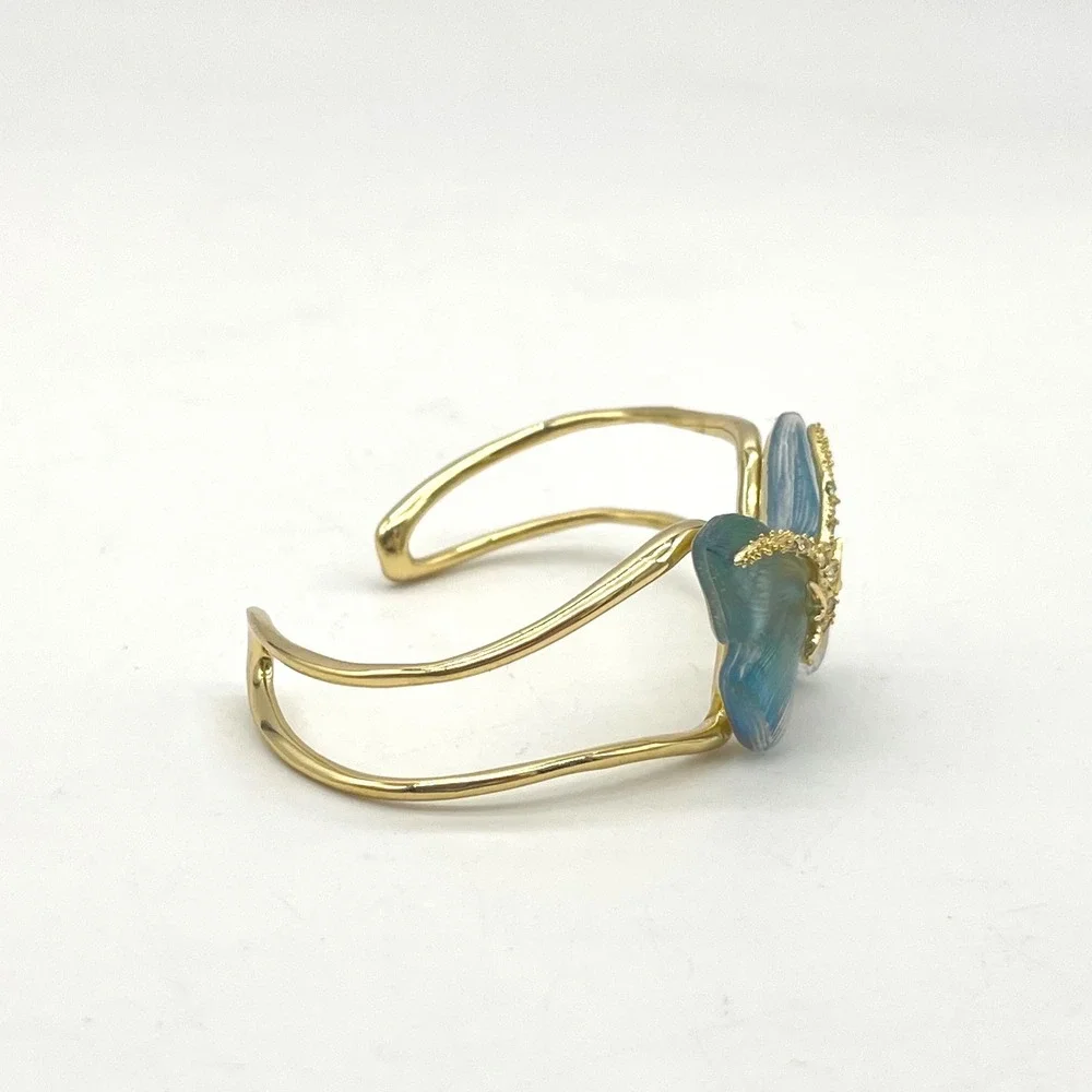 Alexis Bittar Gold Tone Blue Lucite Butterfly Crystal Cuff Bracelet